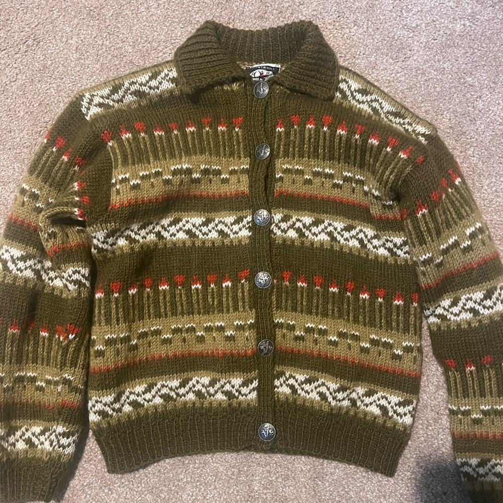 Handmade Peer Gynt Green Knit Vintage Norwegian Sweater Cardigan with Collar